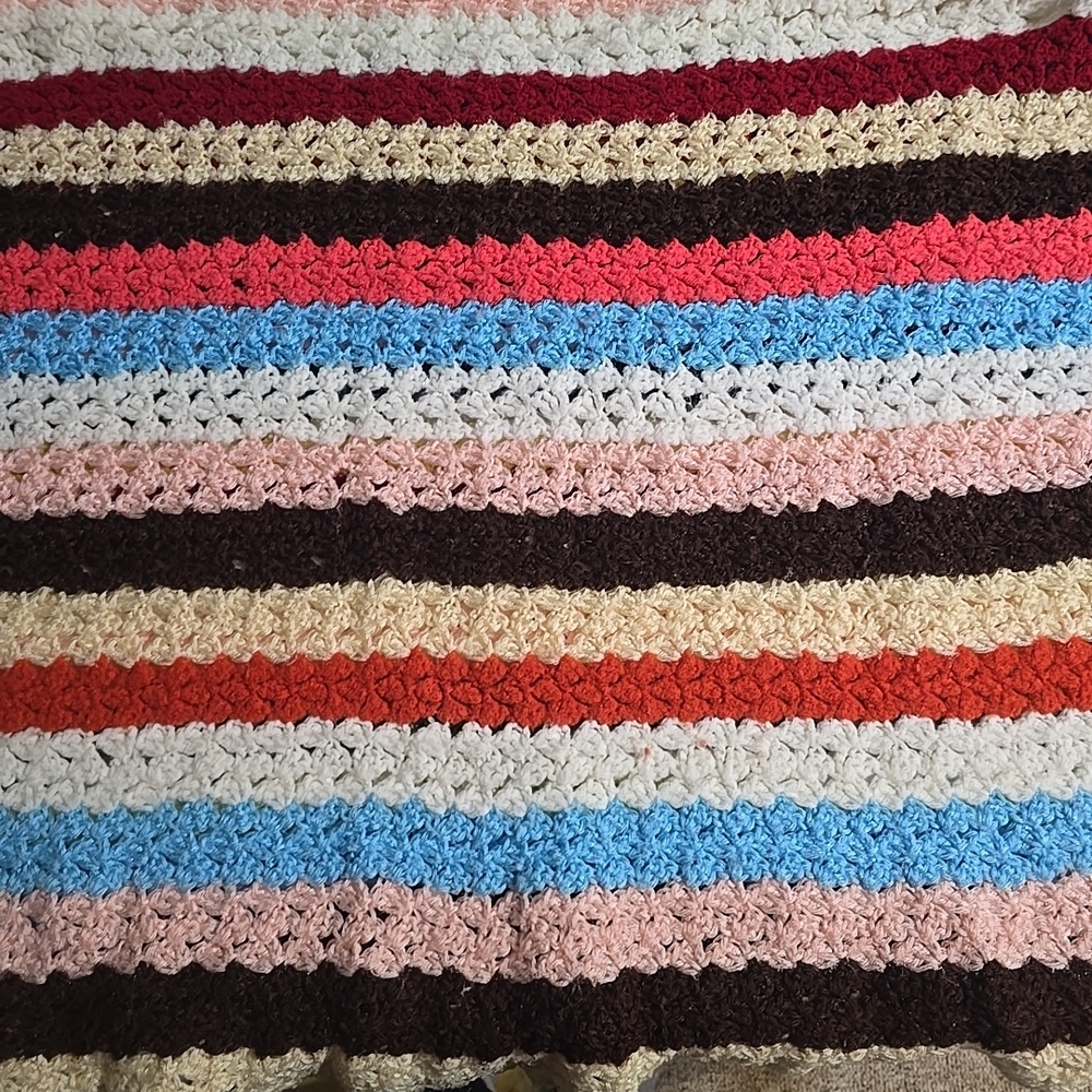 Colorful Striped Crochet Blanket Vintage Handmade Sofa Throw